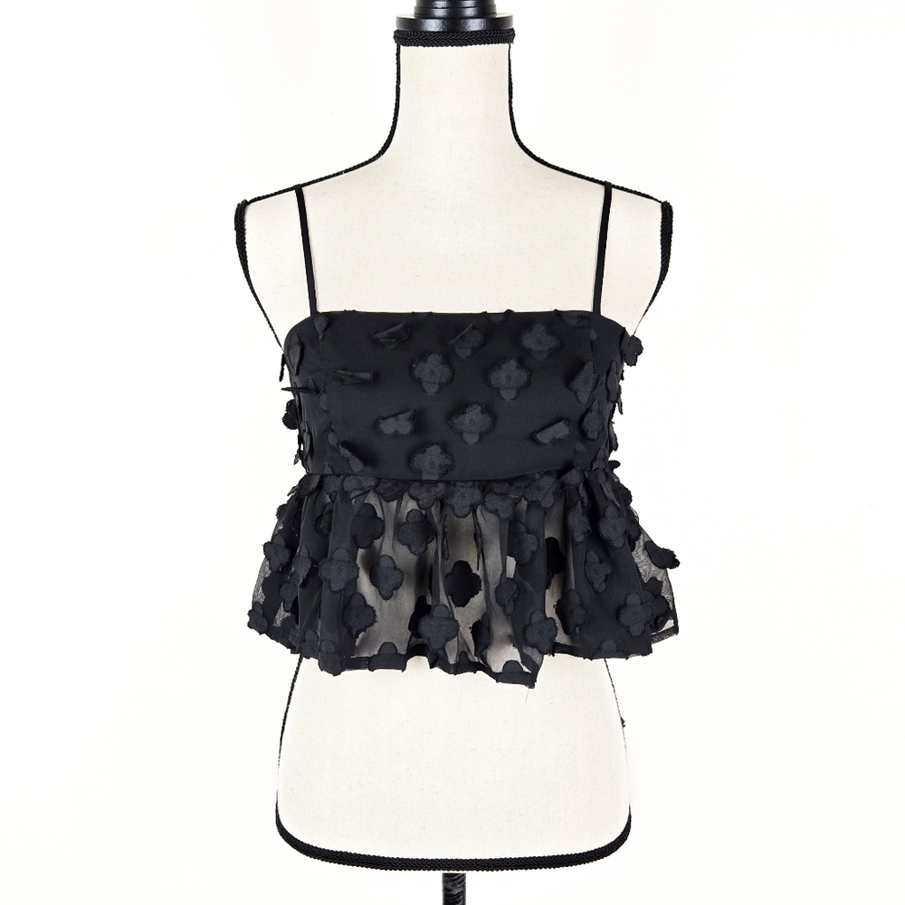 NWT Storia Black Floral Applique Cropped Cami, Size Medium